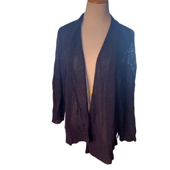 EILEEN FISHER Navy Open Knit Cardigan Lightweight Layering Sweater size L (?) - Picture 2 of 7